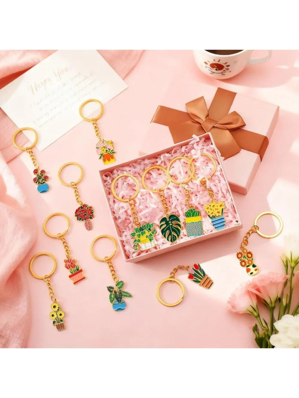 24 Pcs Cute Flower Plant Keychains - Enamel Alloy Spring Gifts for Plant Lovers